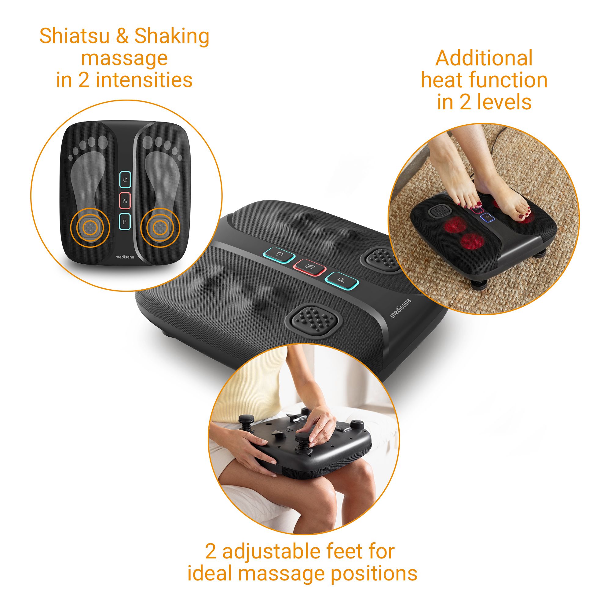 Voetmassager met uitgelichte functies: Shiatsu & schudmassage, warmtefunctie, verstelbare voeten.