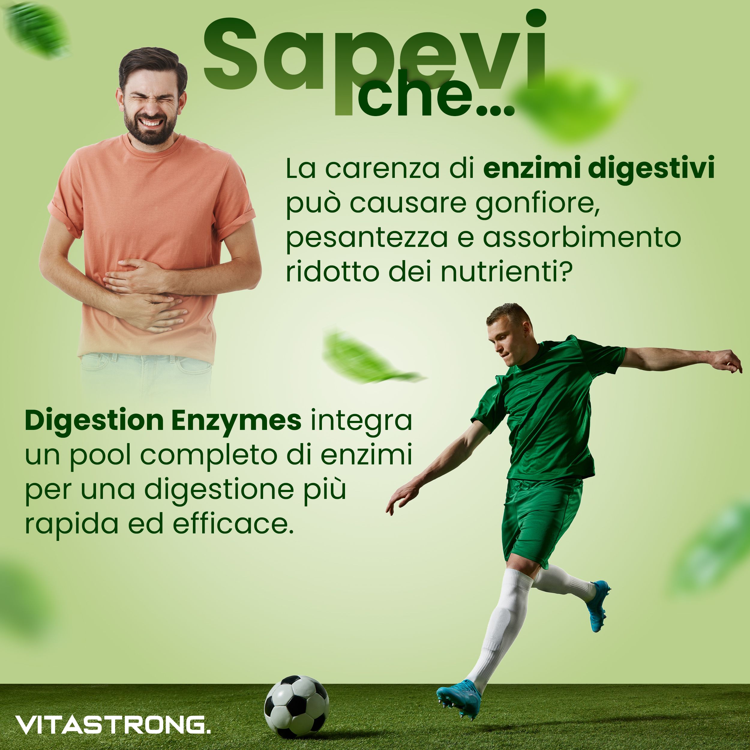 Vitastrong Enzimi Digestivi. Verpakking met 60 tabletten. Helpt bij spijsverteringsproblemen. Man met buikpijn.