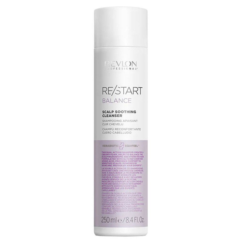 Flacon Revlon Re-Start Balance Scalp Soothing Cleanser. Étiquette blanche avec texte et logo violets.