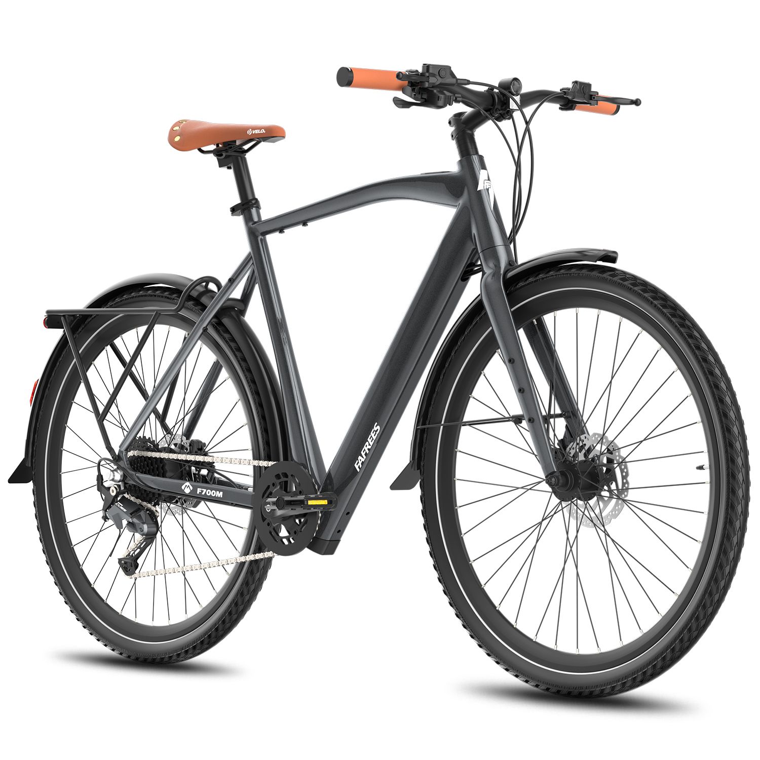 Vélo électrique gris avec selle marron et poignées orange. Pneus noirs, garde-boue. Logo FAFREES.