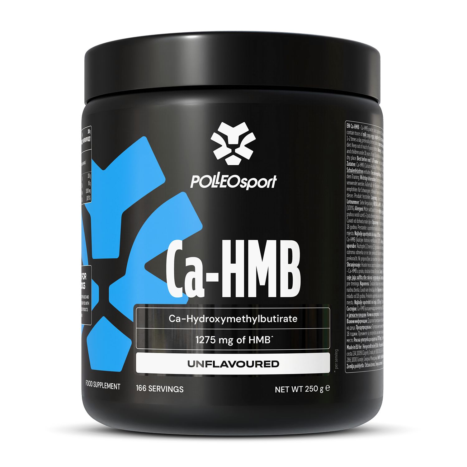 Zwarte pot met witte tekst Ca-HMB en Polleo Sport logo. Bevat 1275 mg HMB en is ongeparfumeerd. Netto gewicht 250 g.