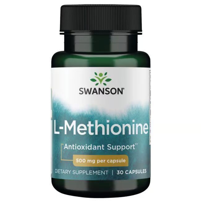 Groene fles met wit etiket. Opschrift: SWANSON L-Methionine, 500 mg per capsule. 30 capsules.
