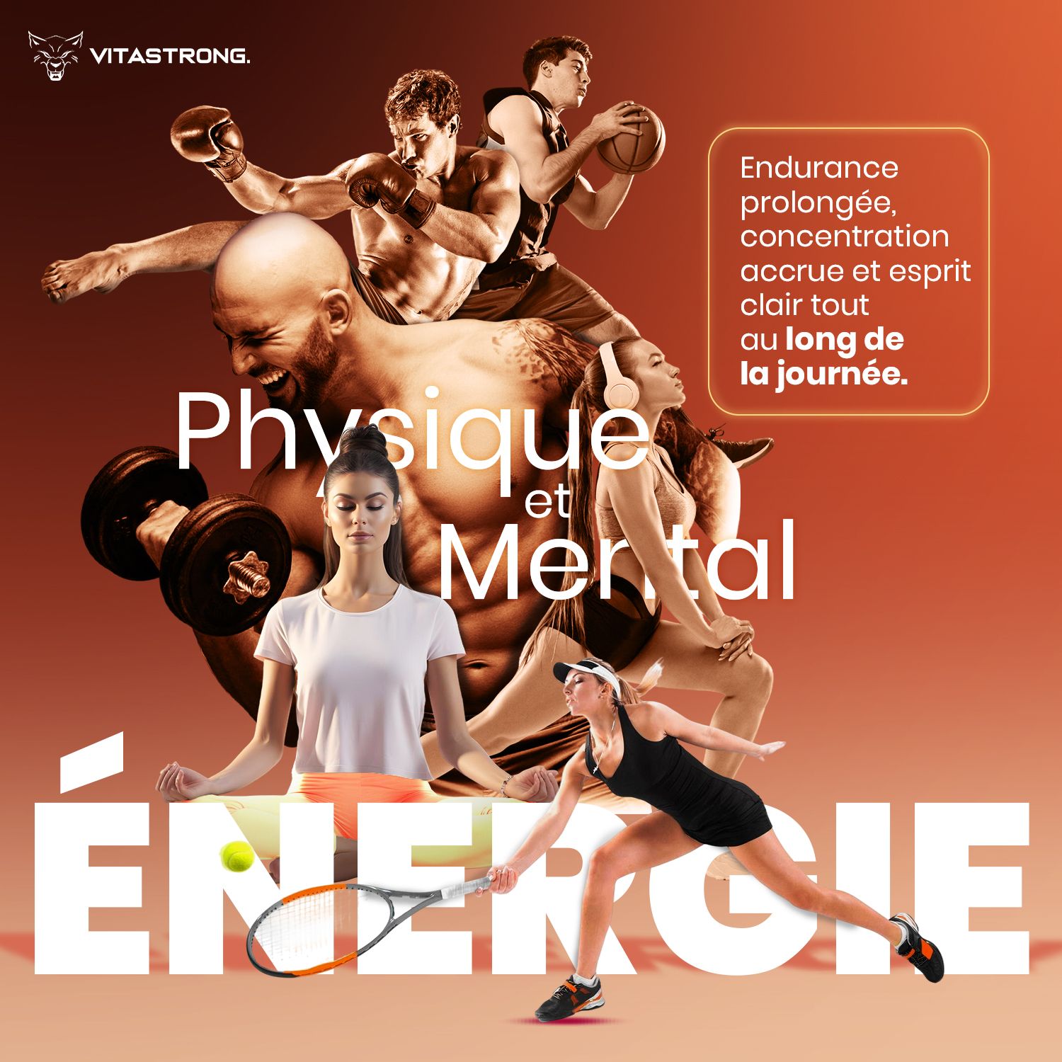 Blikje Vitastrong Energy. Sporters en yoga-beoefenaars. Tekst: Fysiek en mentaal. Energie.