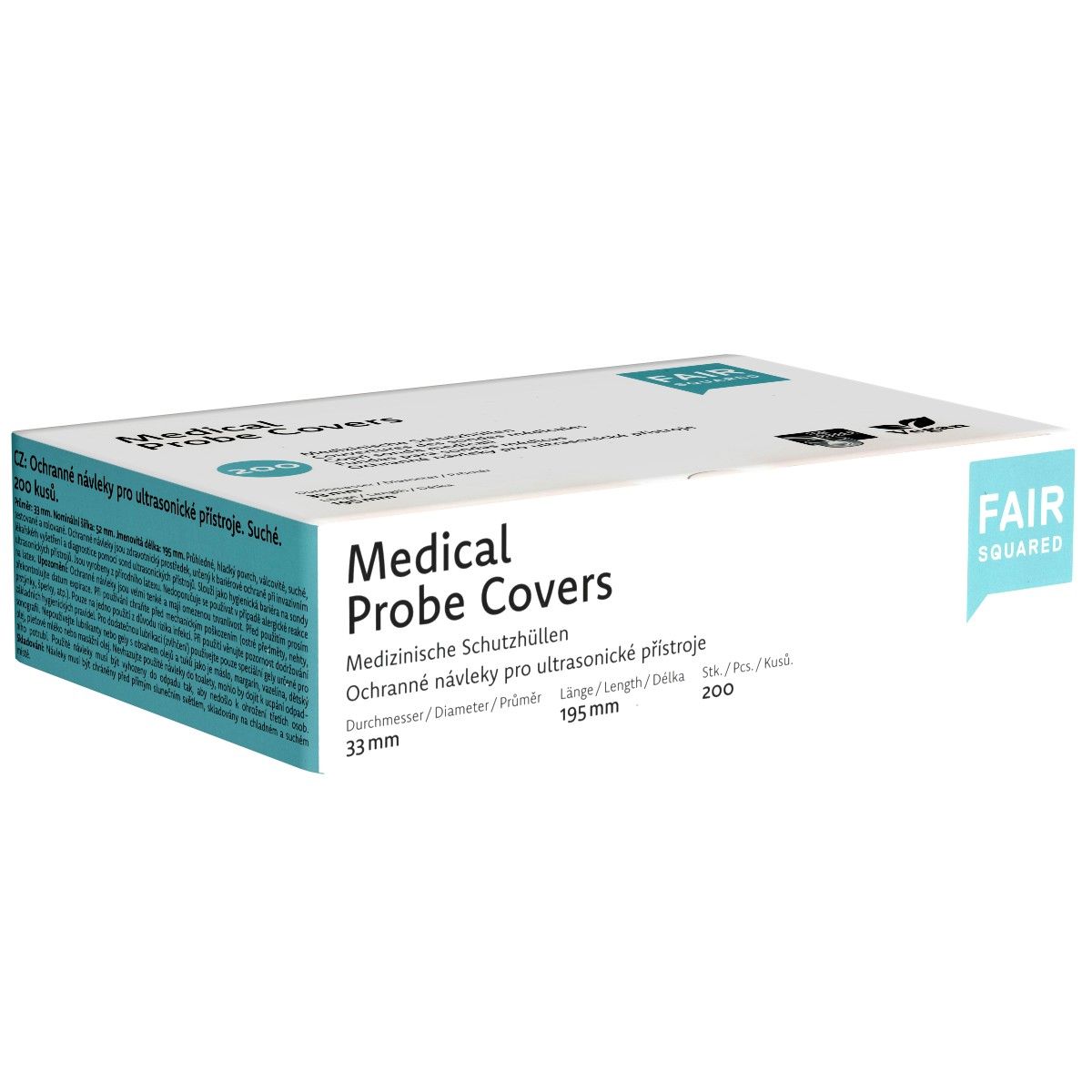 Boîte de "Medical Probe Covers". Diamètre 33mm, longueur 195mm. Marque: FAIR SQUARED. 200 pièces.