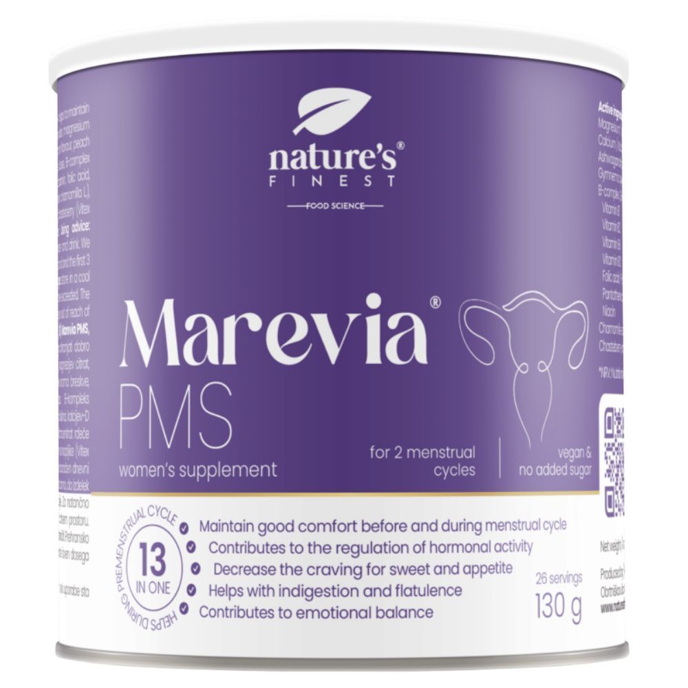 Ronde paarse pot. Opschrift Marevia PMS, Nature's Finest. Bevat 130g poeder voor 2 cycli. Veganistisch, zonder toegevoegde suiker.
