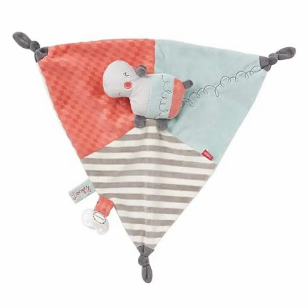 Doudou triangulaire avec hippopotame. Différents tissus : rose, bleu, rayé. Nœuds gris.
