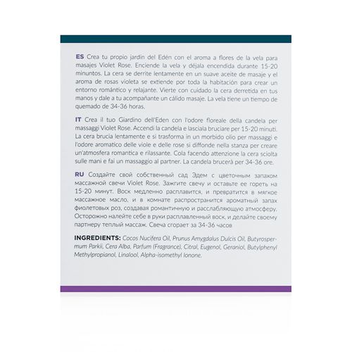 Tekstveld met meertalige productinformatie. Bevat instructies en ingrediënten. Tekst: Violet Rose, massagekaars, ingrediënten.