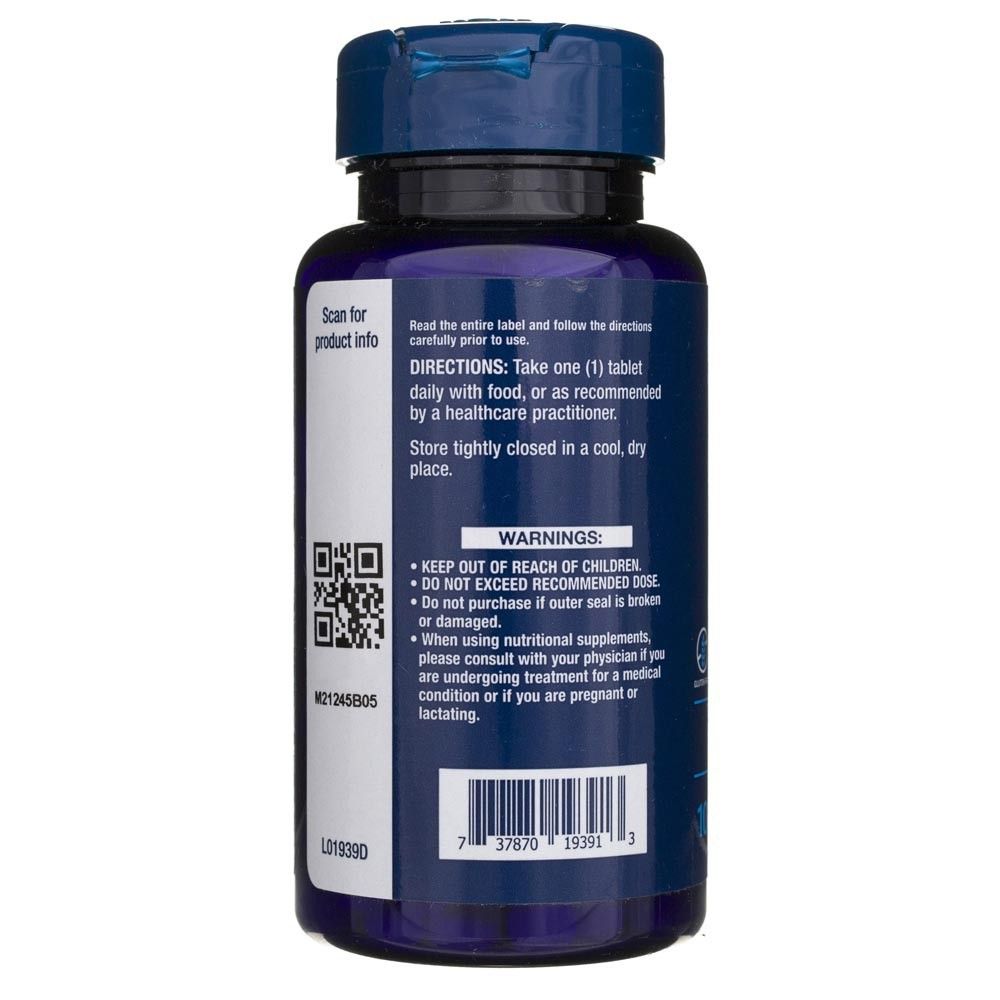 Arrière d'une bouteille bleue avec une étiquette indiquant les instructions et les avertissements.