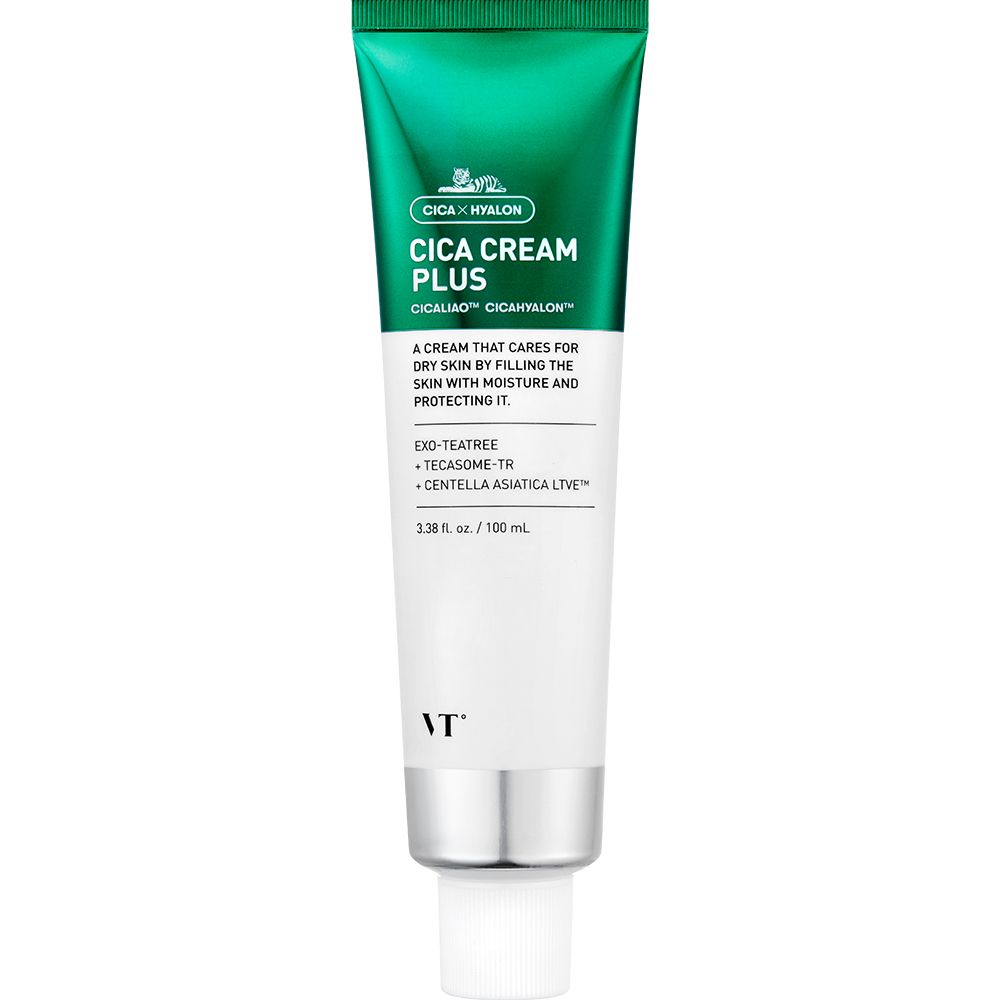 Tube de Cica Cream Plus. Tube vert et blanc avec bouchon vert. Inscription Cica Cream Plus. Vue du produit.