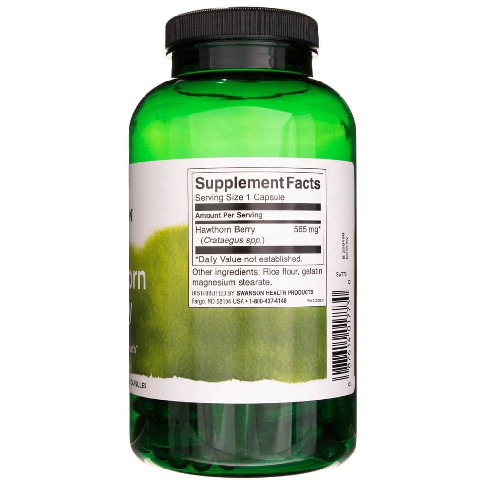 Arrière de la bouteille avec informations nutritionnelles pour la baie d'aubépine Swanson, 565 mg par gélule.