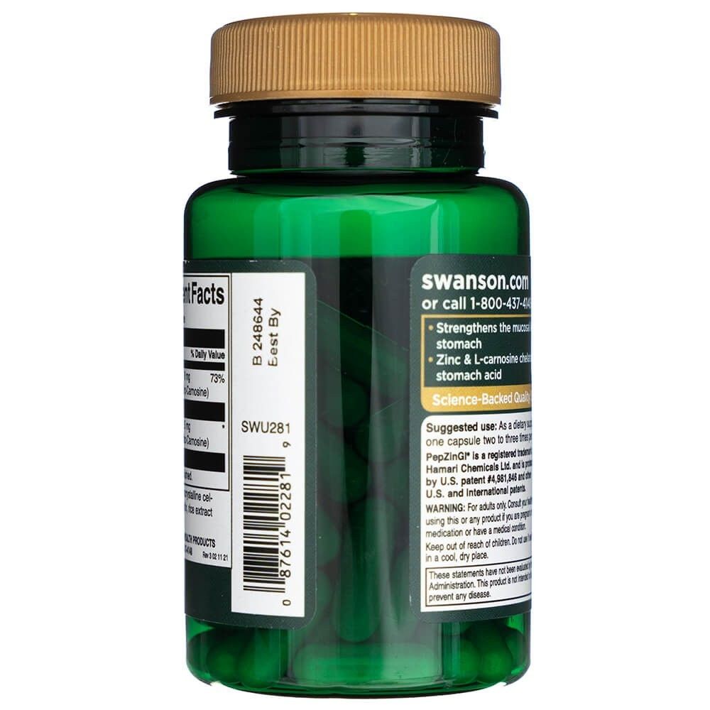 Achterkant van een groene pot Swanson Zink Carnosine, gebruiksadvies en productinformatie.