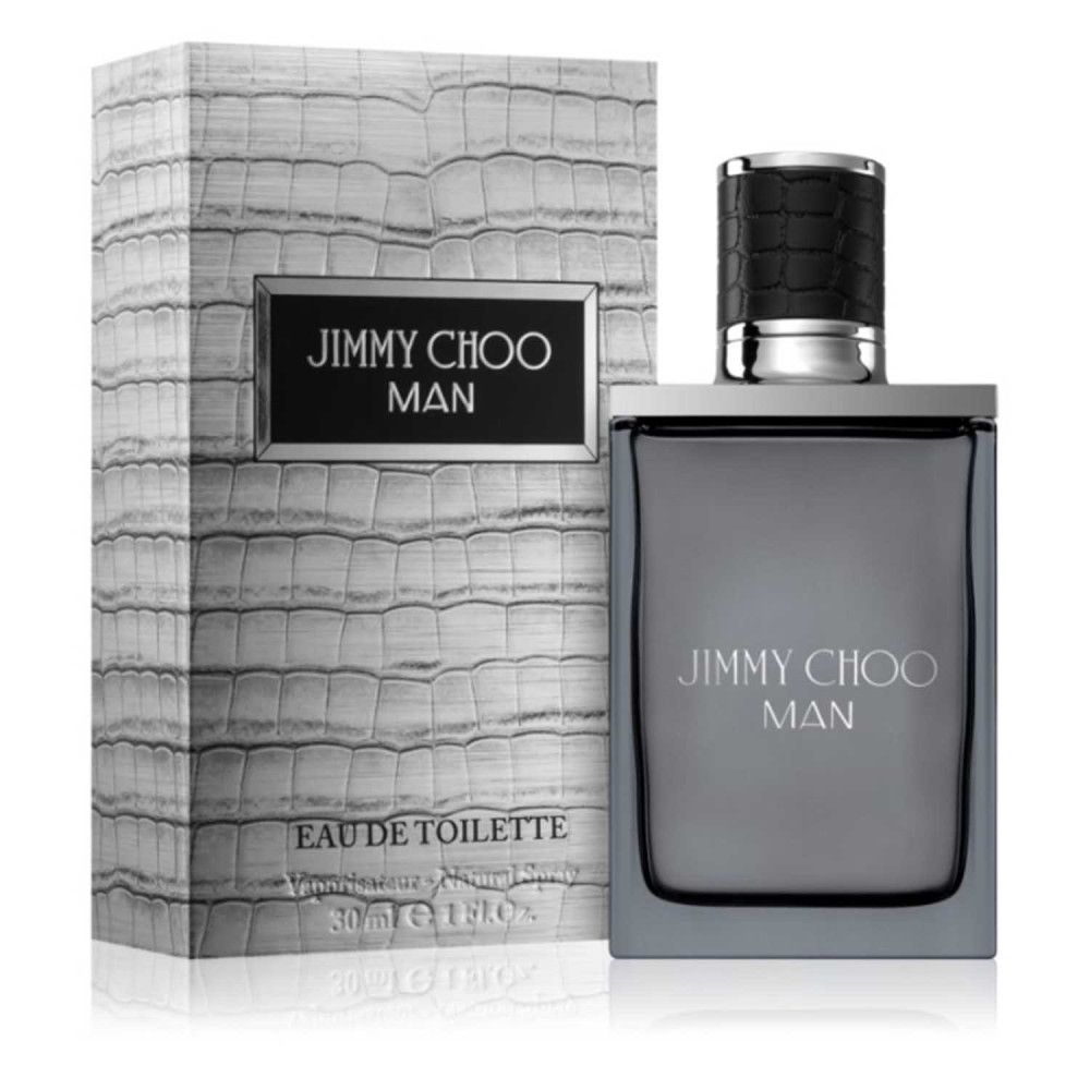 Eau de Toilette Jimmy Choo Man 30 ml, met verpakking. Fles en doos met tekst. Grijze kleur.