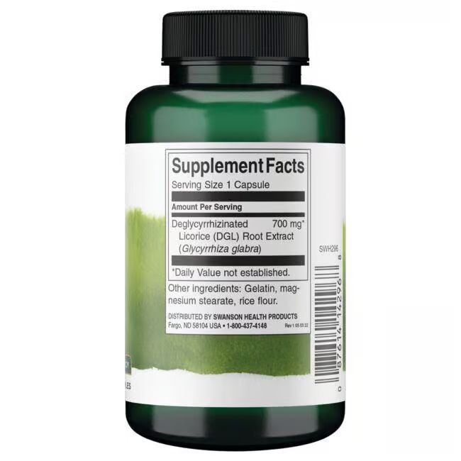 Achterkant van de groene fles. Etiket met voedingswaarde-informatie. Bevat: Deglycyrrhizinede zoethoutwortel. 700 mg per portie.