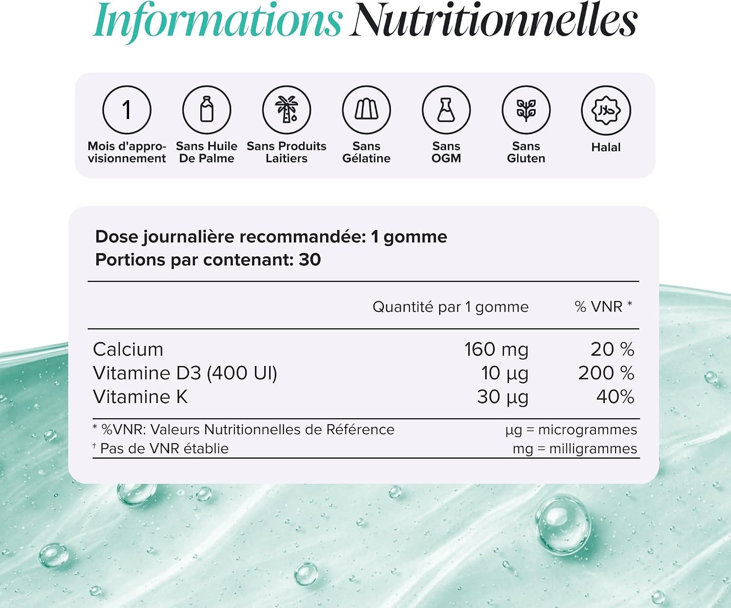 Informations nutritionnelles pour les gommes Novomins Kids Calcium & Vitamine D. Sans huile de palme, lactose, gluten.