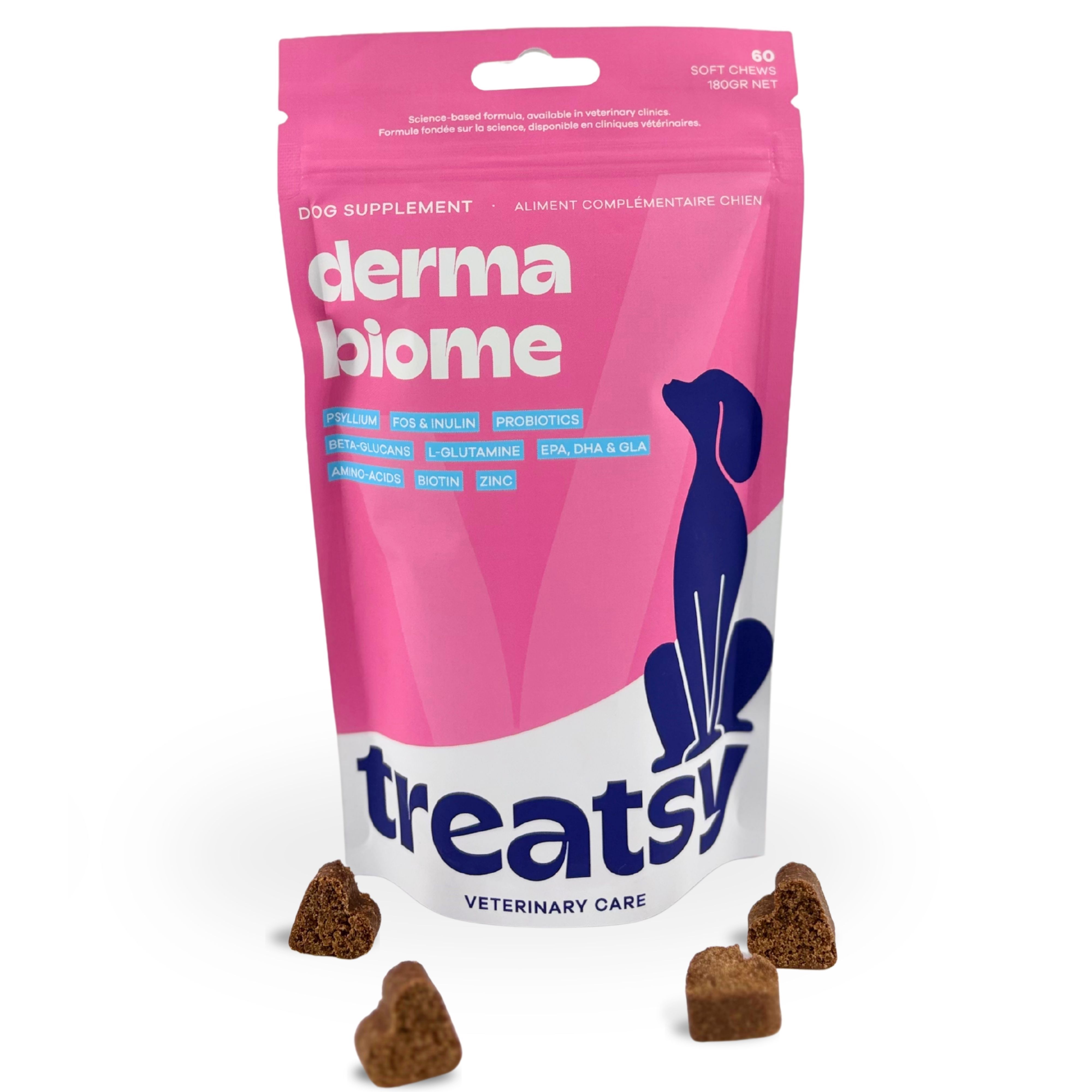 Sachet rose « derma biome » et « Treatsy ». 4 friandises en forme de cœur à côté.