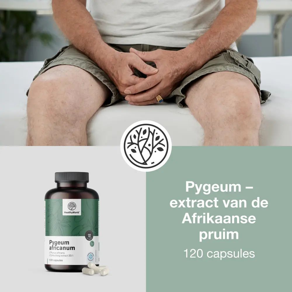 Man zit. Fles met capsules, tekst: Pygeum – extract van de Afrikaanse pruim, 120 capsules. Merk: HealthyWorld.