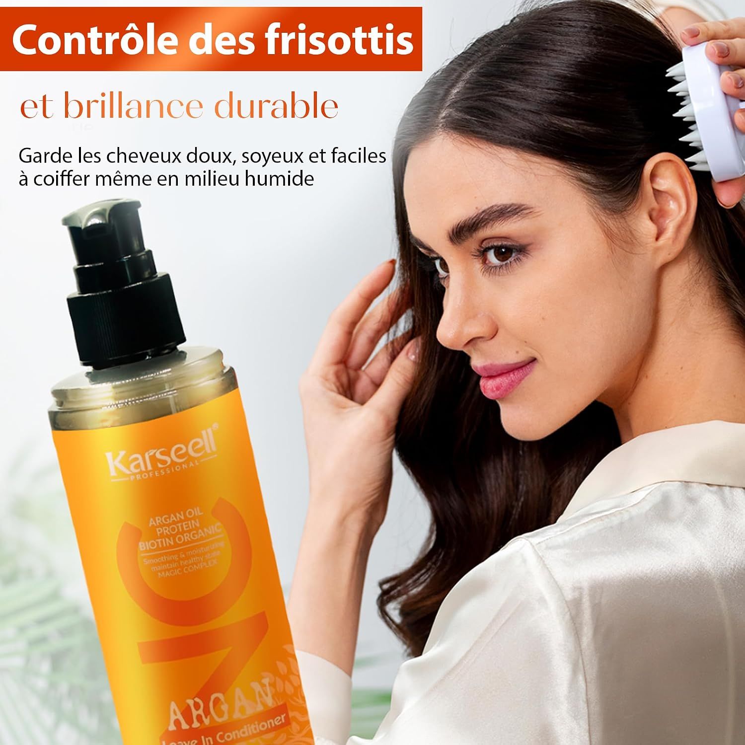 Flacon de soin sans rinçage à l'huile d'argan, doré avec distributeur noir.