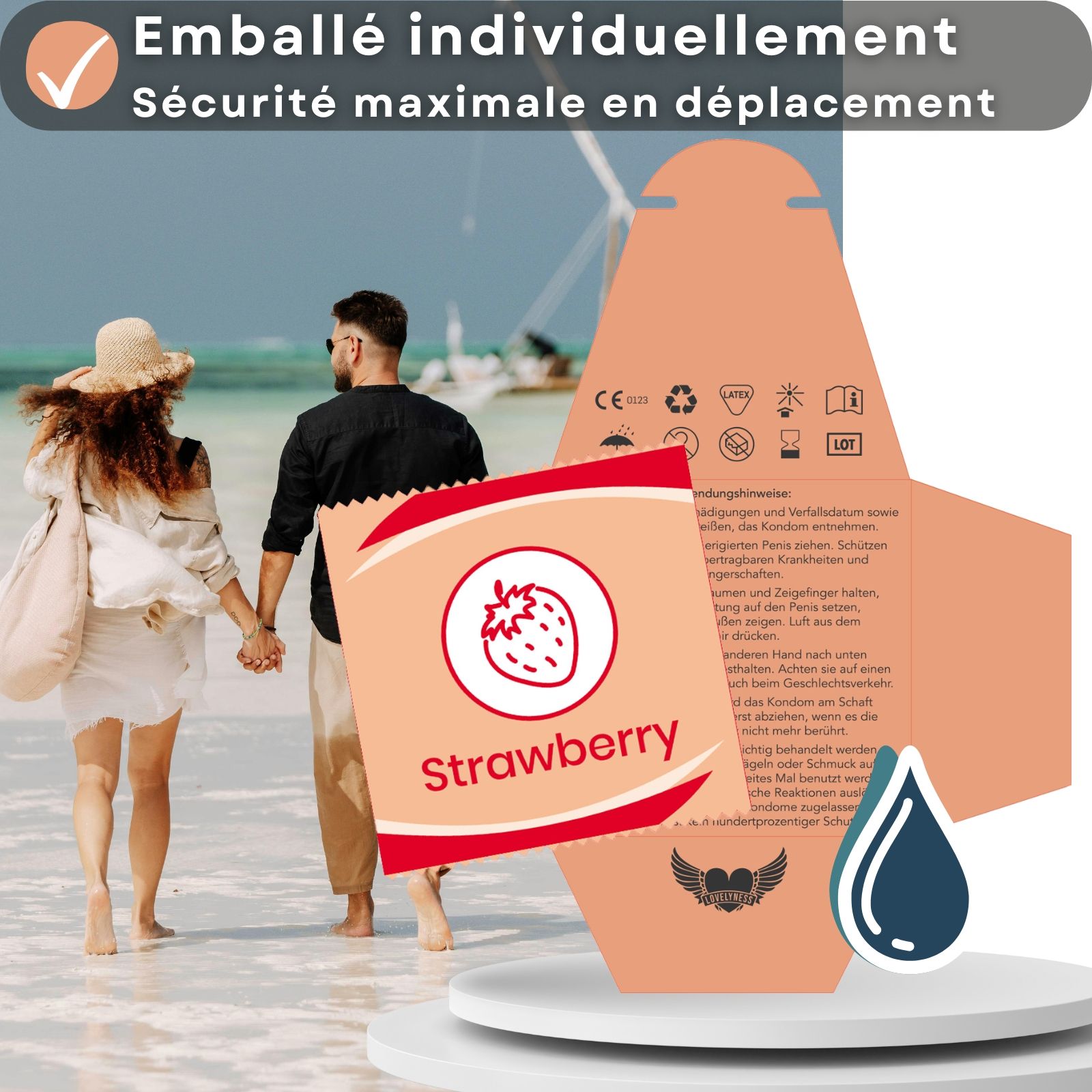 Emballage et préservatif. Texte: Emballé individuellement pour une sécurité maximale.