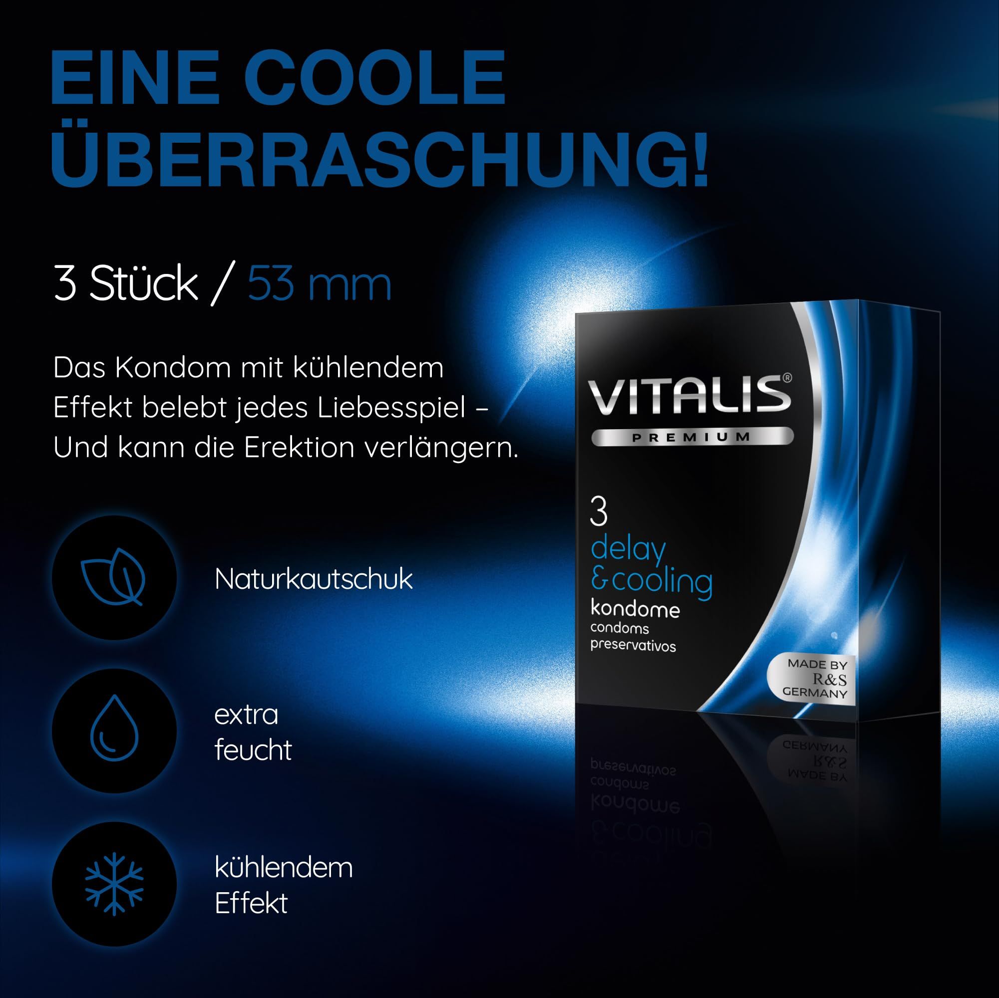 Préservatifs Vitalis PREMIUM Delay & Cooling: 3 unités, 53mm. Latex naturel, extra lubrifié, effet rafraîchissant.