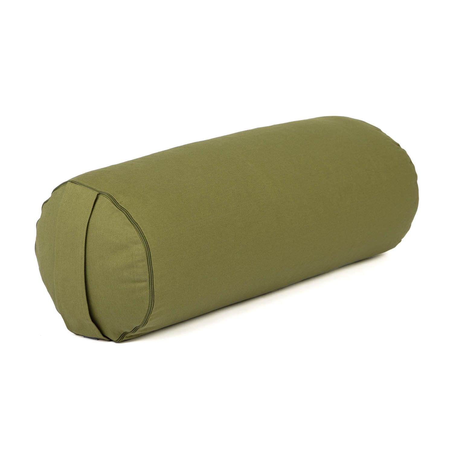 Cilindrische yoga bolster, olijfgroen. Stof, afgeronde uiteinden, naad. Kapok vulling.