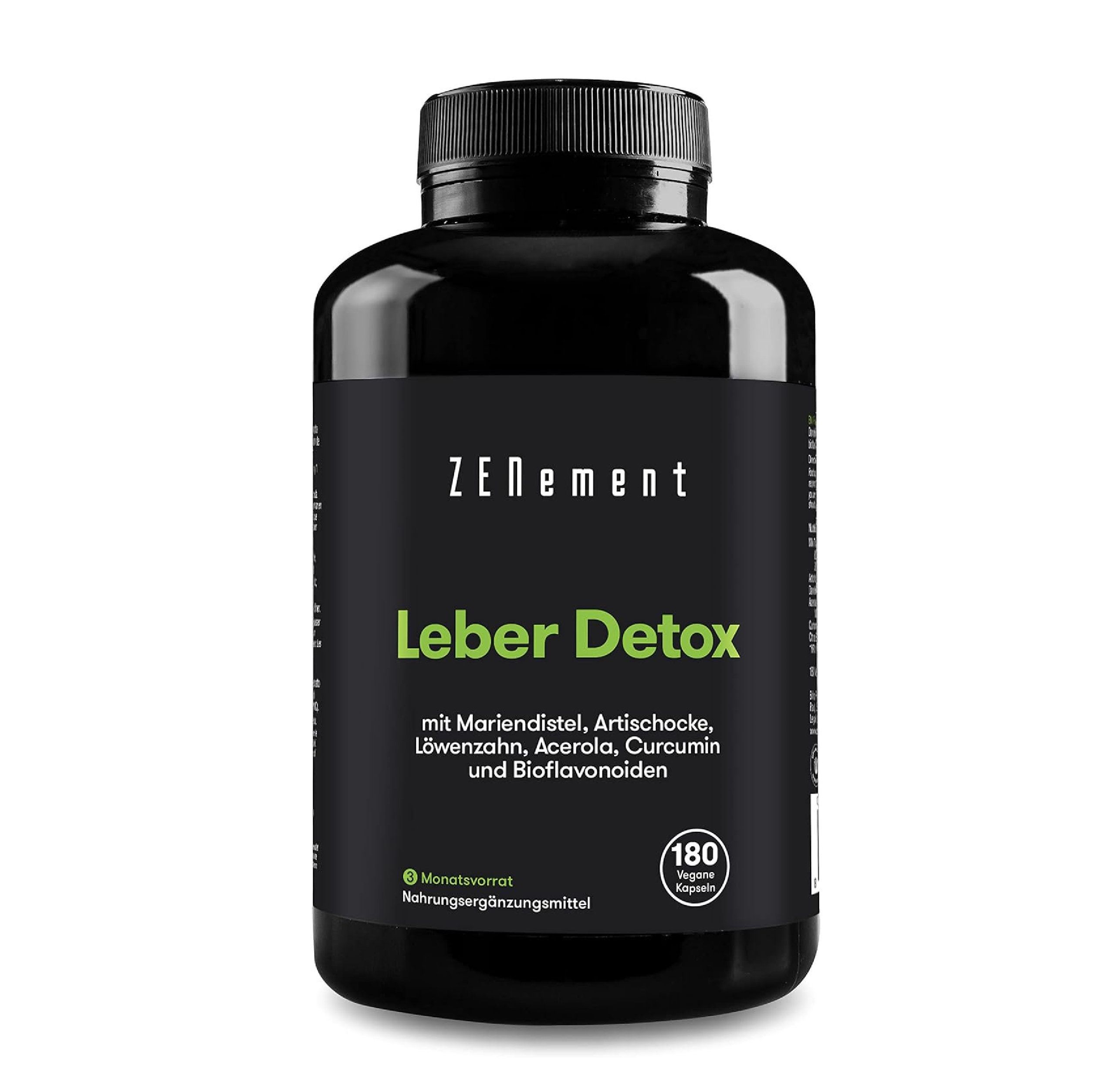 Flacon noir Zenement Leber Detox. Texte : Leber Detox avec chardon-marie, artichaut, pissenlit, acérola, curcumine et bioflavonoïdes. 180 gélules.