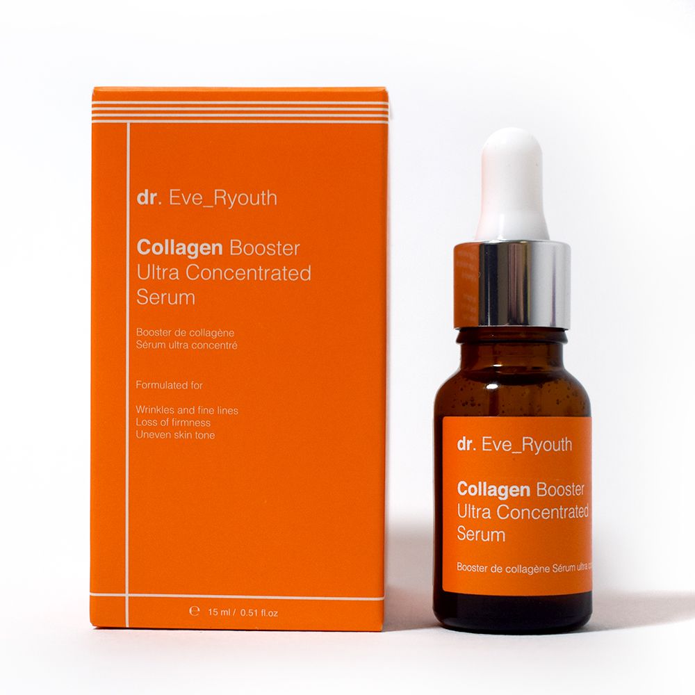 Dr. Eve_Ryouth collageenbooster serum met doosje. Bruine glazen fles met pipet.