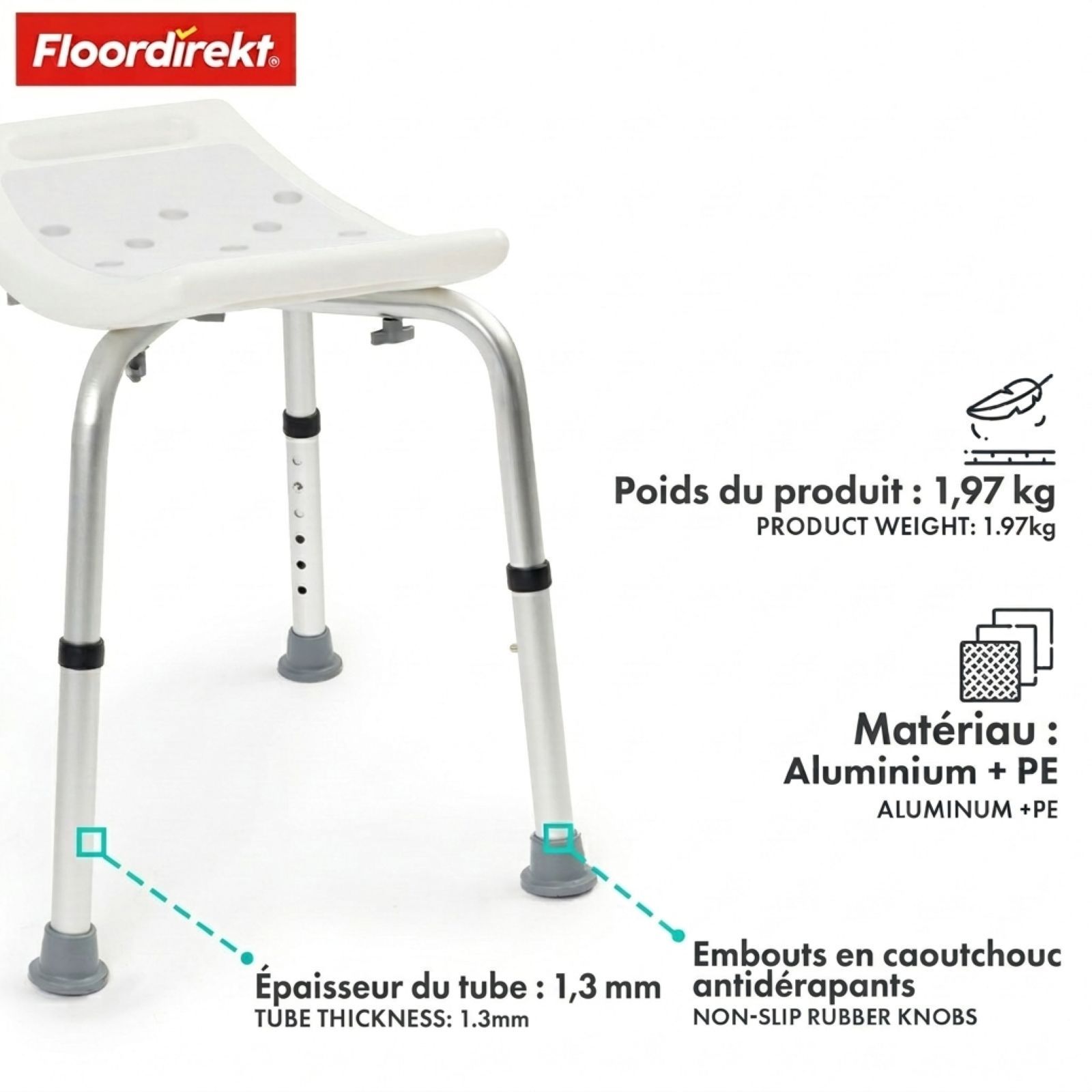 Tabouret de douche blanc, pieds argentés, pieds gris. Matériau : Aluminium + PE. Marque : Floordirekt.
