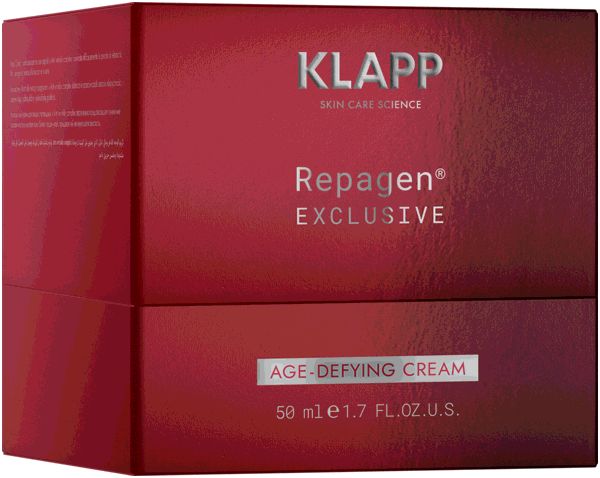 Rode Klapp Repagen Exclusive Global Anti-Age Cream verpakking. Opschrift: Klapp, Repagen Exclusive, Age-Defying Cream. 50 ml.