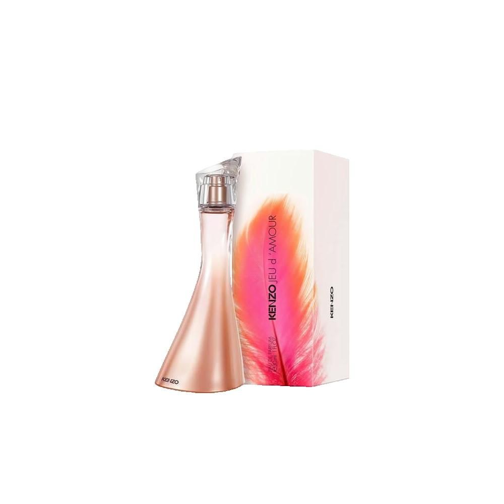 Flacon de parfum et emballage. Flacon en verre, dégradé de rose. Emballage avec illustration de plume et texte.