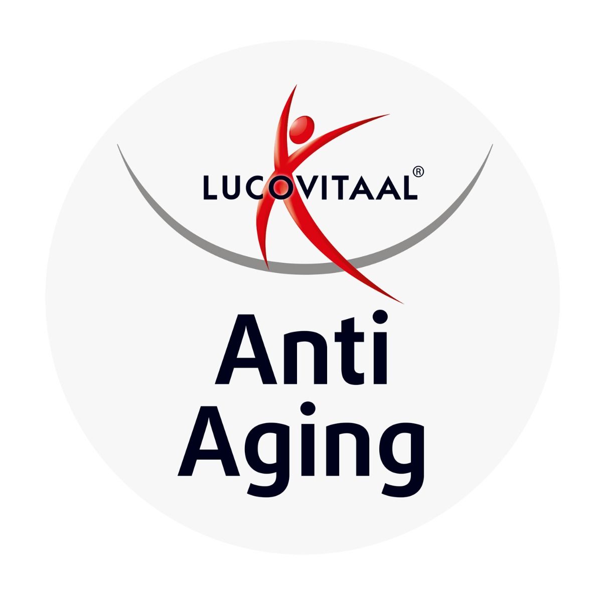 Autocollant rond avec logo Lucovitaal et inscription Anti Aging.