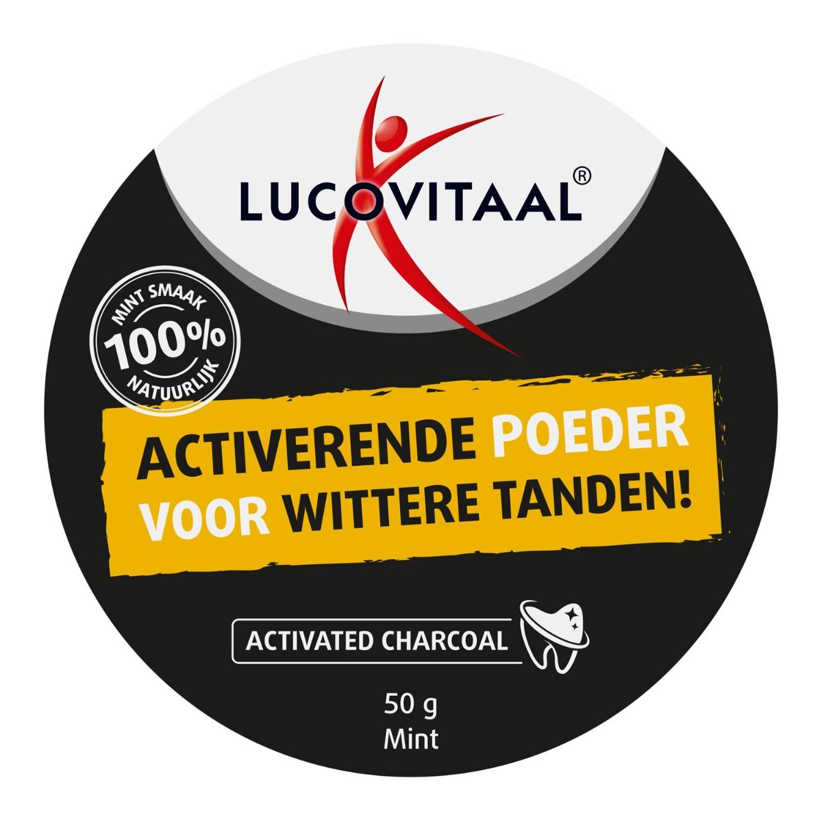 Couvercle rond avec logo "Lucovitaal" et autocollant jaune avec texte. "Activated Charcoal" et 50g. Menthe.