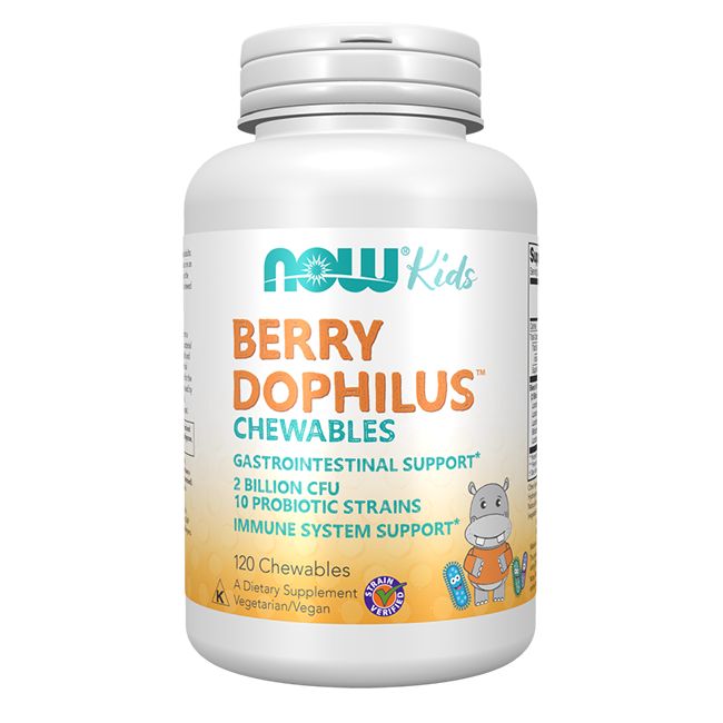 Witte fles met NOW Kids BerryDophilus Chewables. 120 kauwtabletten. Bevat een cartoon nijlpaard.