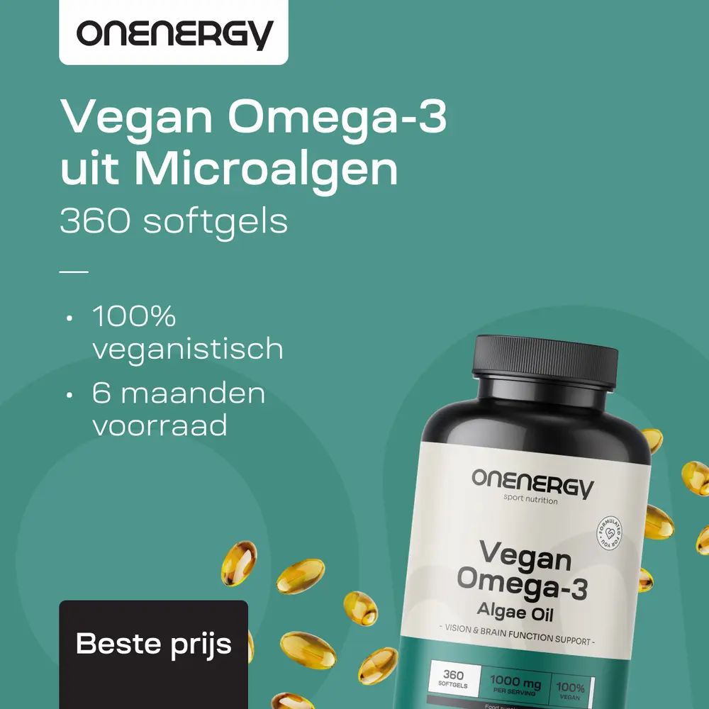 Fles OnEnergy Vegan Omega-3 uit algen, 360 softgels. "360 softgels", "6 maanden voorraad".