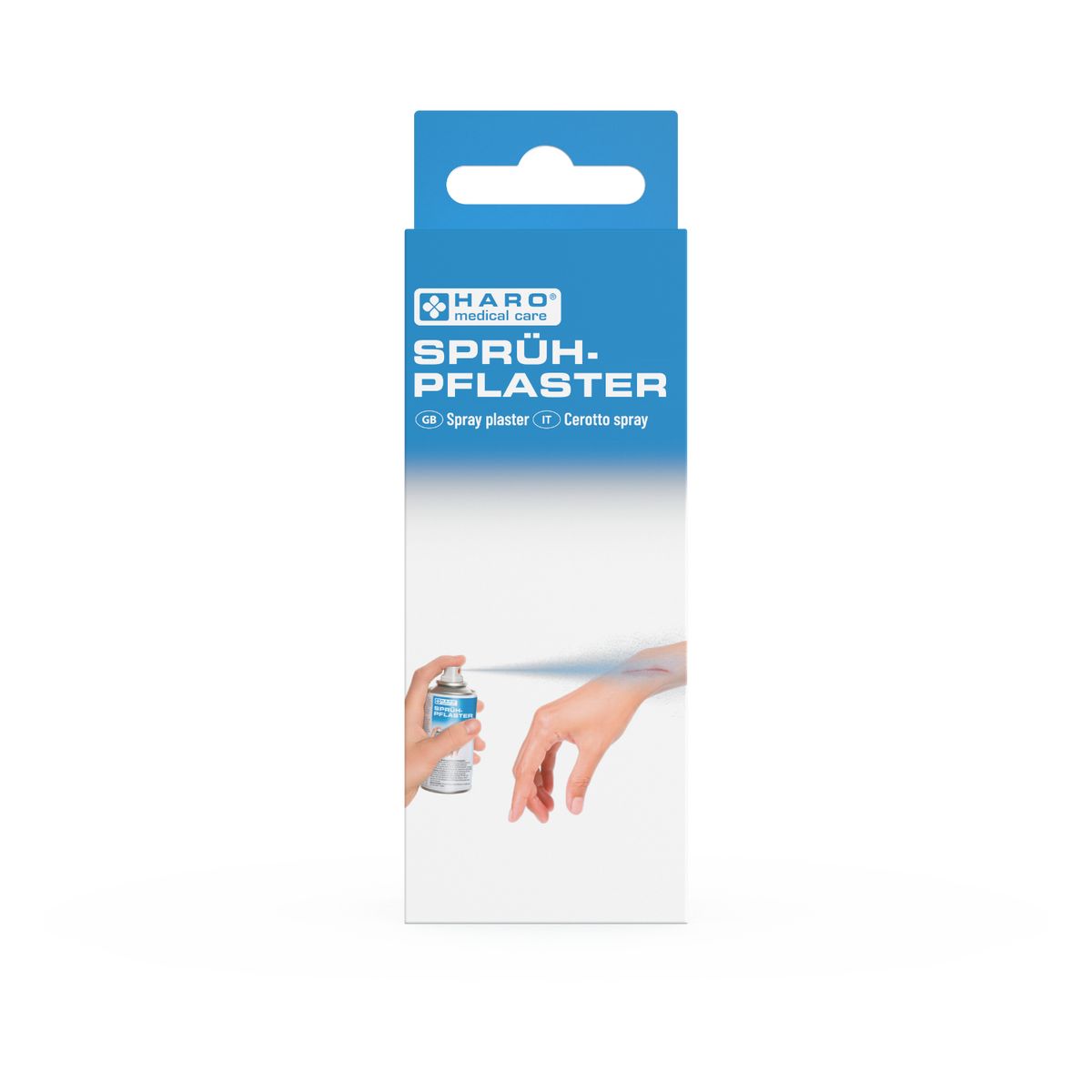 Emballage Haro Sprühpflaster. Boîte bleue et blanche avec nom et logo du produit. Une main vaporise le produit sur une autre main.
