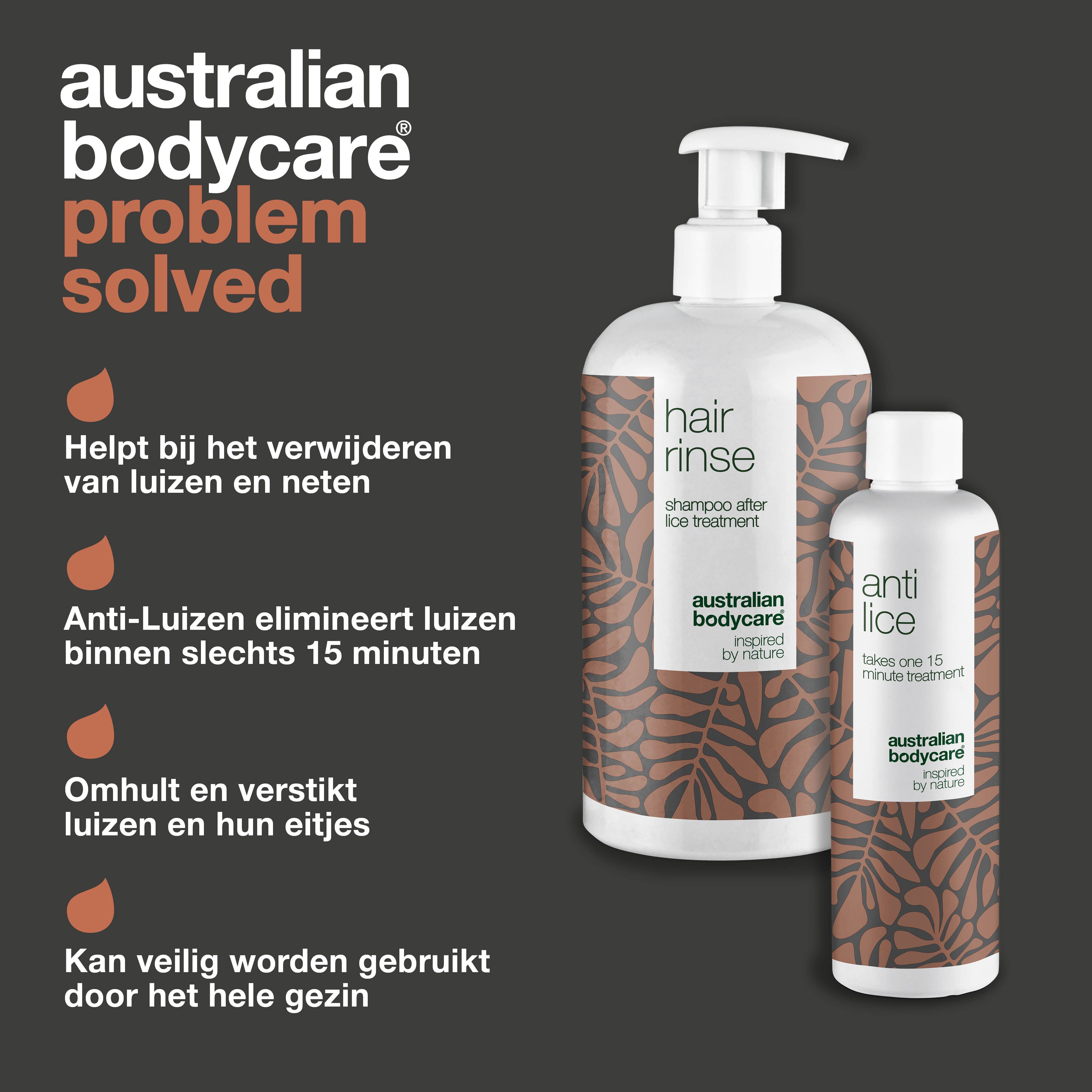 Twee flessen: 'hair rinse' en 'anti lice'. Merk: Australian Bodycare. Tekst: 'Problem solved'.