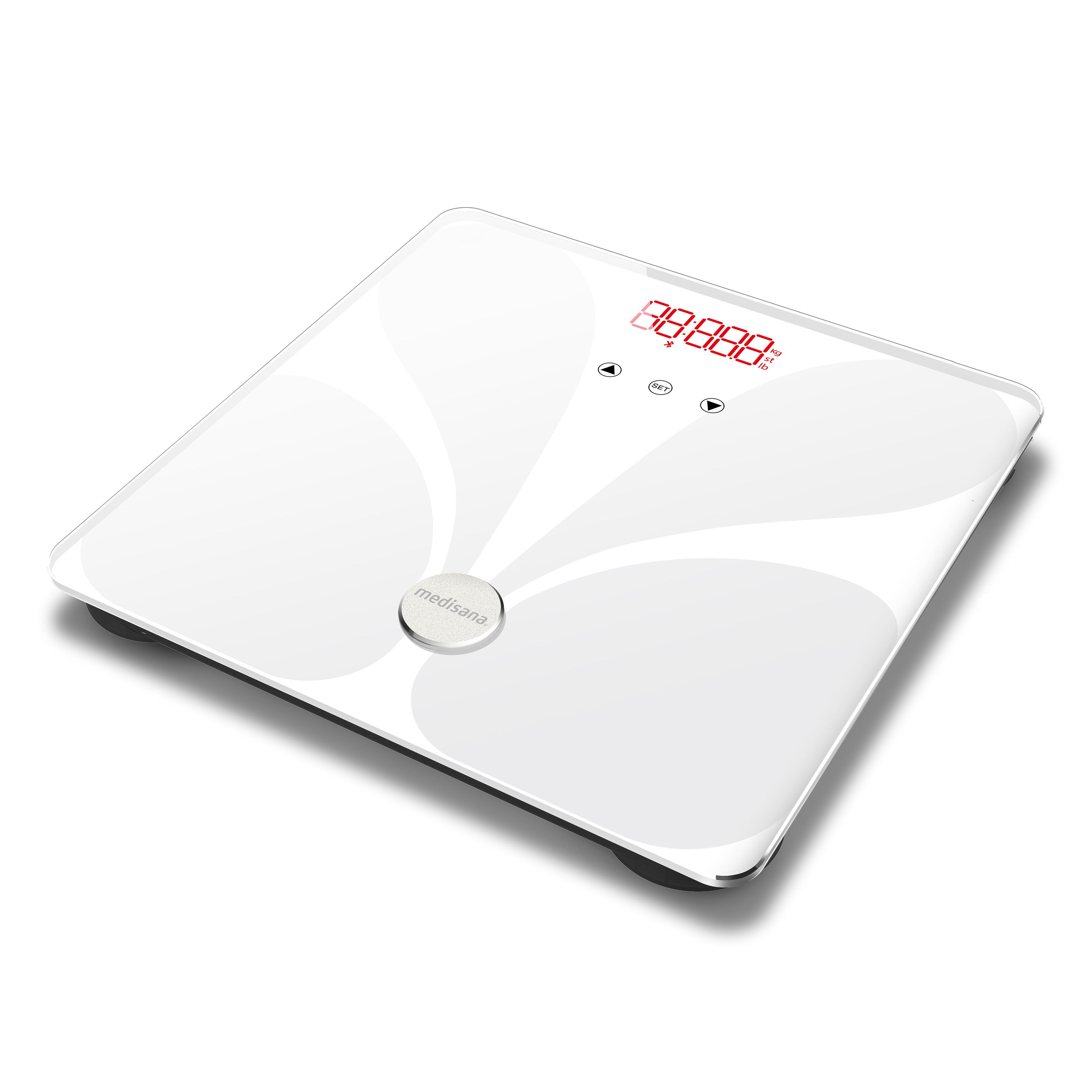Witte lichaamsanalyseweegschaal met rood digitaal display (88.888) en Medisana logo, schuin van bovenaf.