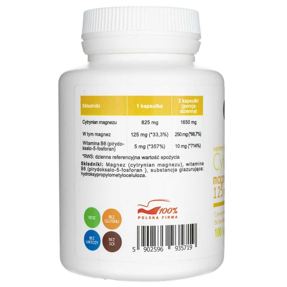 Arrière de la boîte Aliness Magnesiumcitrat 125 mg avec B6 (P-5-P) avec informations nutritionnelles et sceaux.