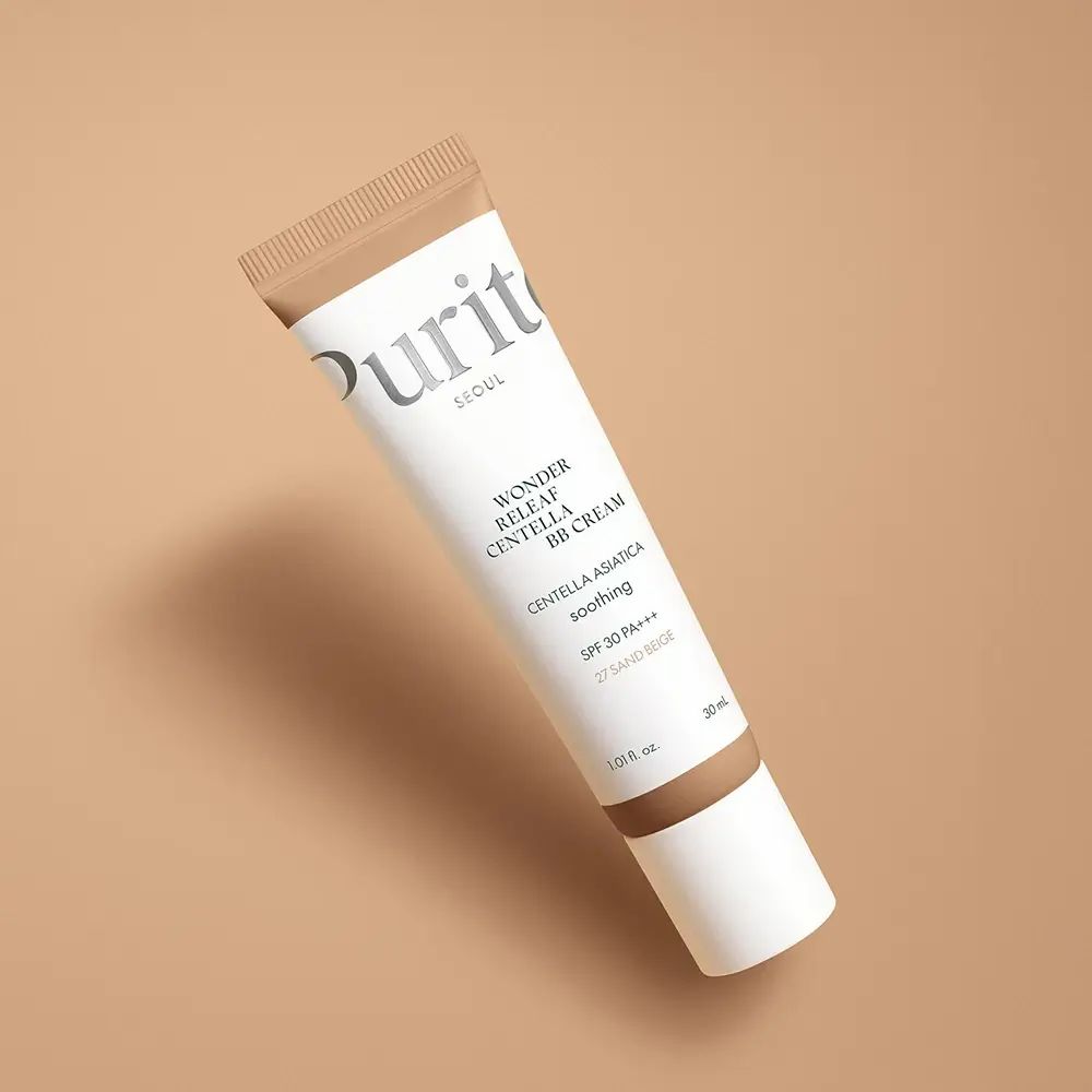 Tube de crème BB. Tube blanc avec bouchon marron. Texte: Wonder Releaf Centella BB Cream, SPF 30 PA+++, 27 Sand Beige.