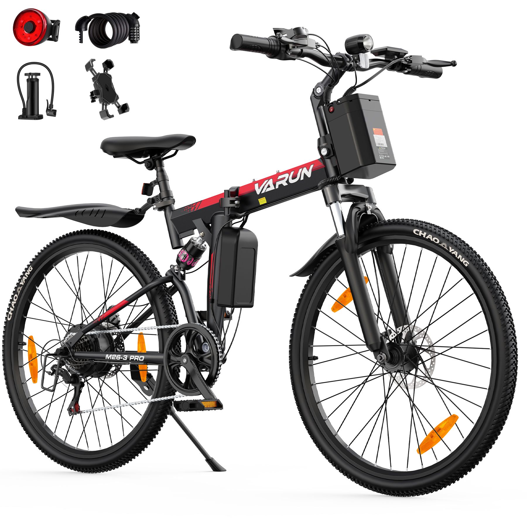 Vélo électrique noir avec détails rouges. Logo VARUN visible. Suspension intégrale, freins à disque. Marque pneu: CHAOYANG.
