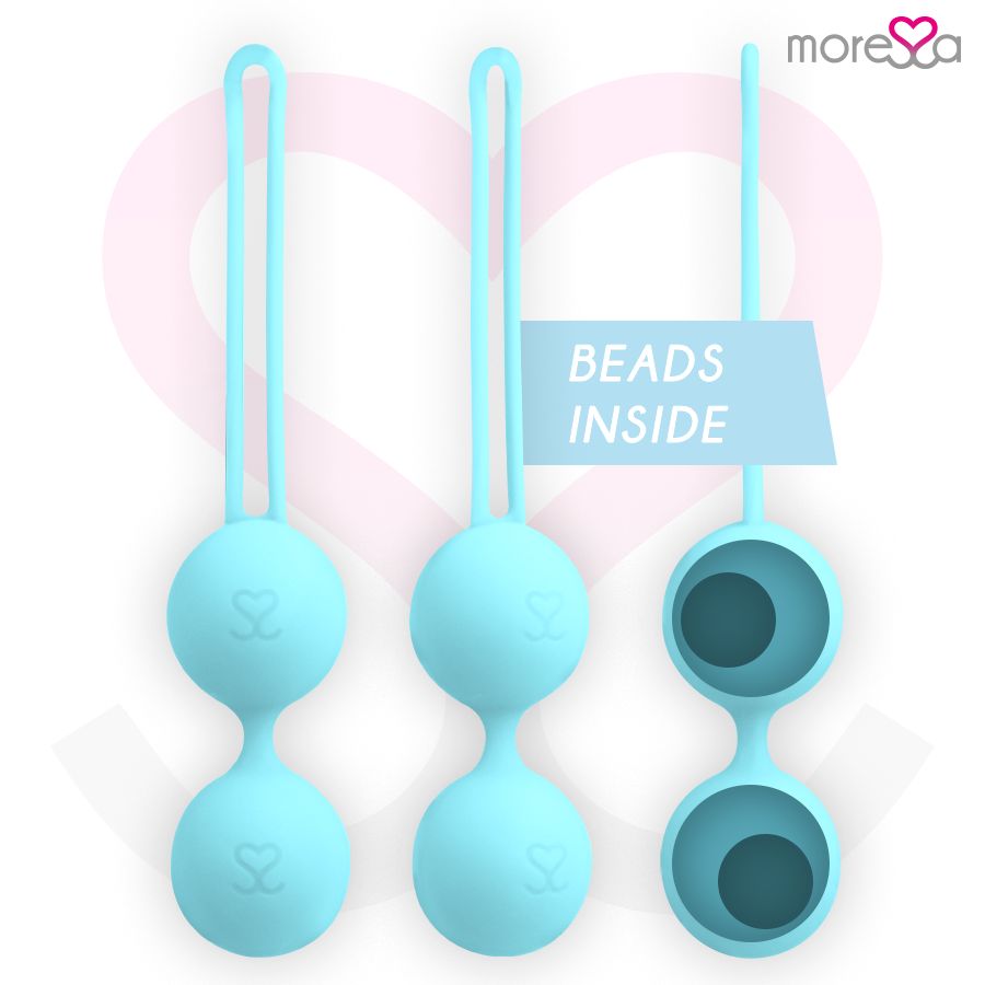 Trois boules Moressa Osian 3 bleu clair, une ouverte montrant l'intérieur.