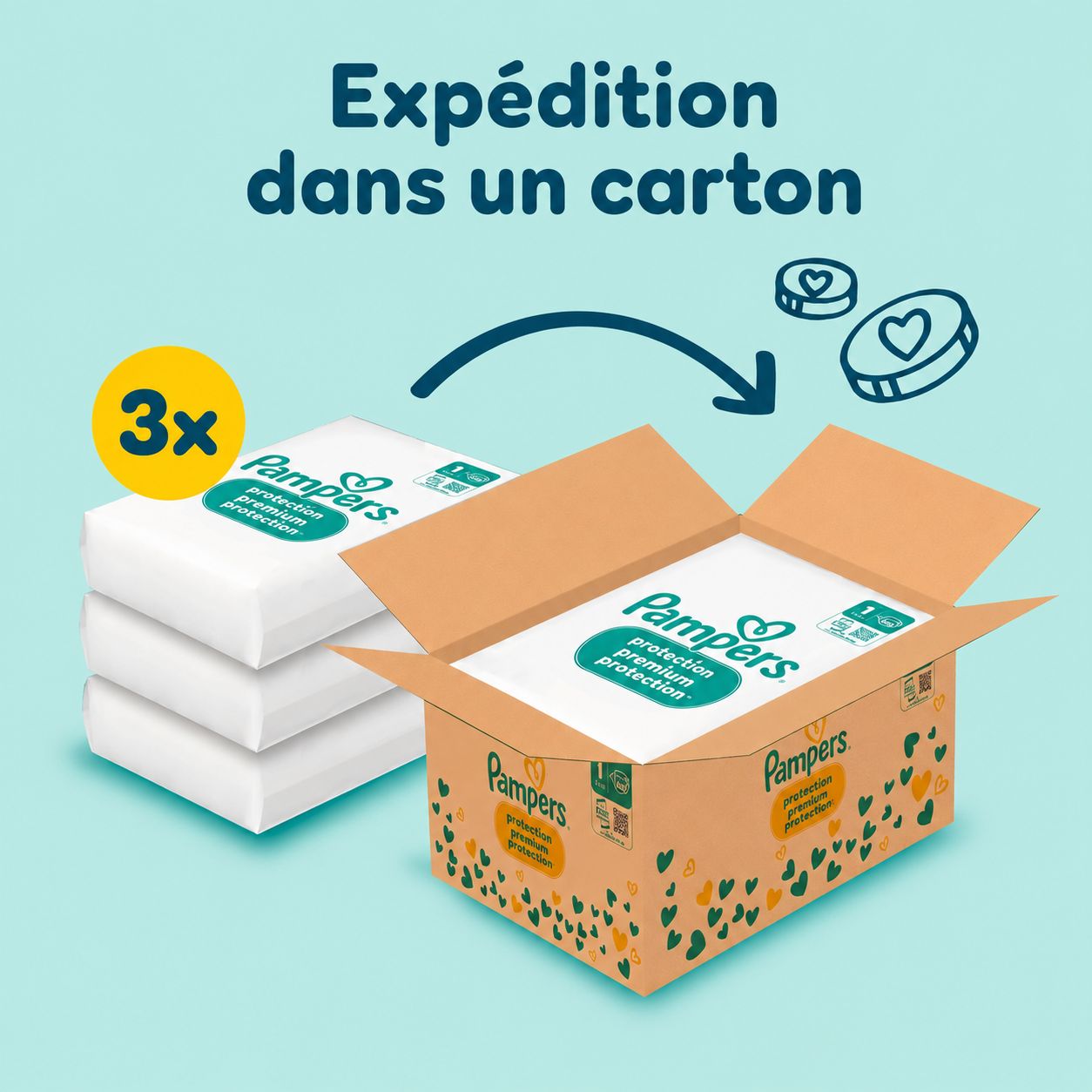 Couches Pampers Premium Protection livrées en carton. 3x piles de paquets de couches.