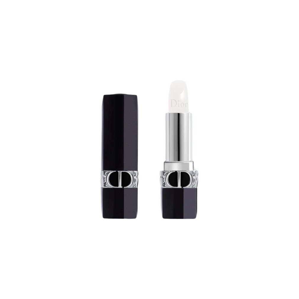 Baume à lèvres noir ouvert. Tube argenté avec baume blanc. Logo Dior sur le baume. Capuchon noir à côté.