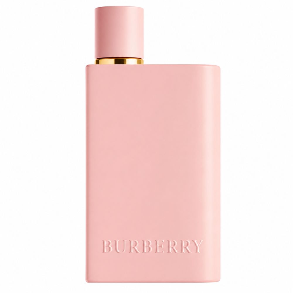 Een zachtroze fles van Burberry Her Eau de Parfum. De rechthoekige fles heeft afgeronde hoeken en een gouden ring aan de hals onder de zachtroze dop.