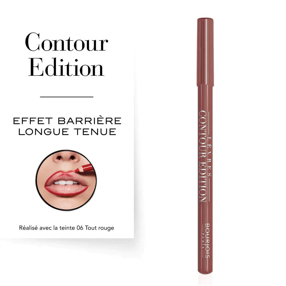 Bourjois Contour Edition lipliner, productafbeelding met verpakking en toepassing.