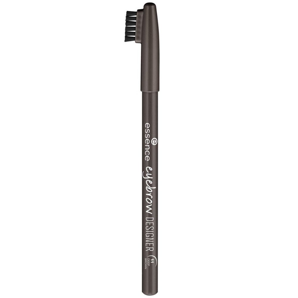 Crayon à sourcils avec brosse. Inscription: essence, eyebrow designer. Couleur marron foncé.