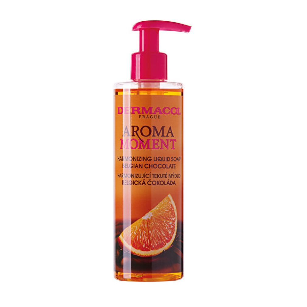 Vloeibare zeep met doseerpomp. Opschrift: Dermacol, Aroma Moment, Belgian Chocolate. Afbeelding van een sinaasappelschijf.