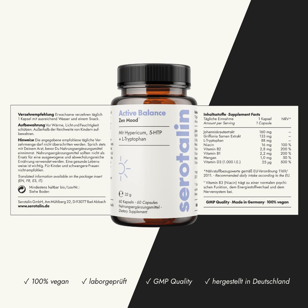 Fles en verpakking met tekst: Active Balance Zen Mood. Ingrediënten, aanbevelingen voor gebruik, informatie. 100% vegan, GMP Quality.