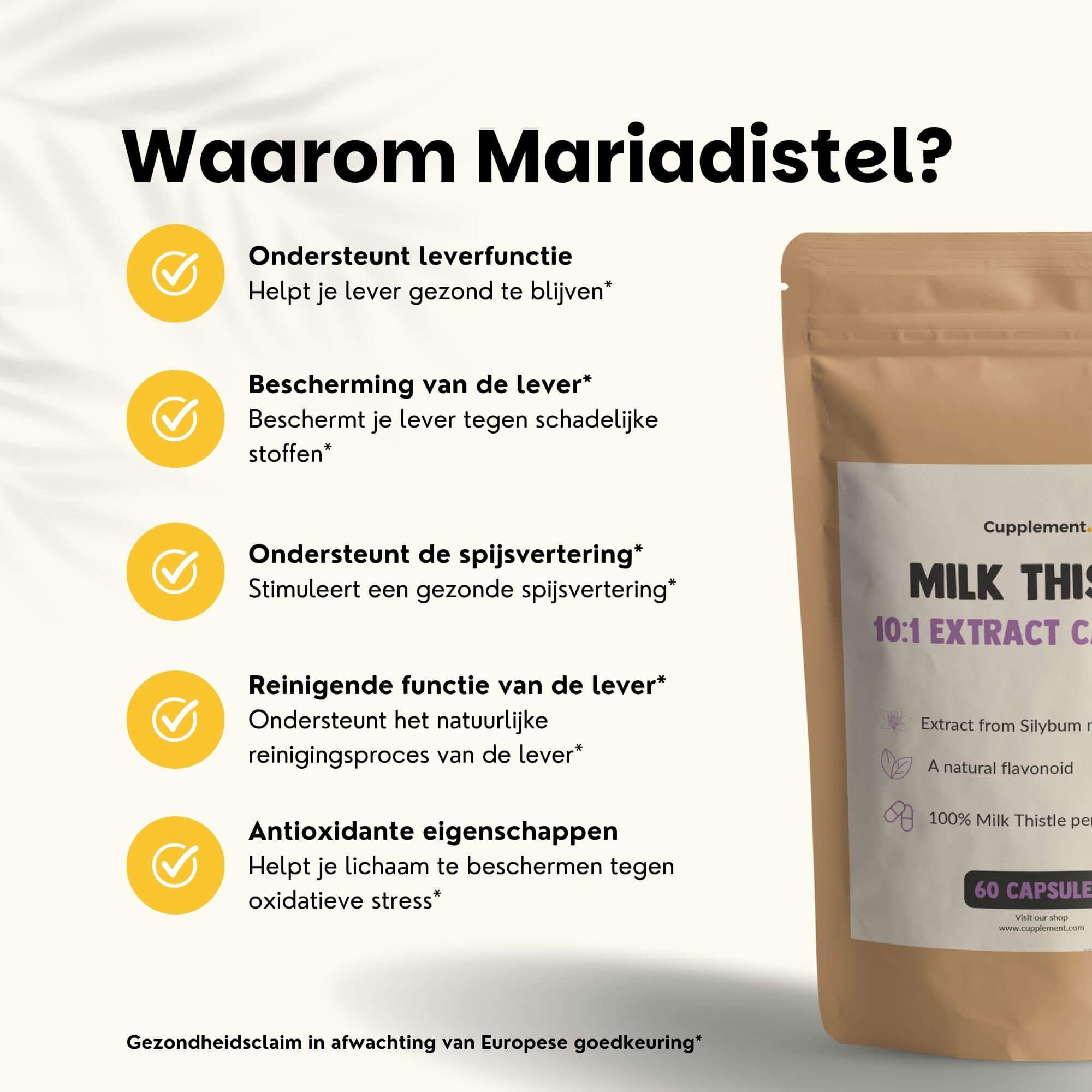 Zakje met capsules. Tekst: Waarom mariadistel? Ondersteunt leverfunctie, spijsvertering, bescherming, reiniging, antioxidant.