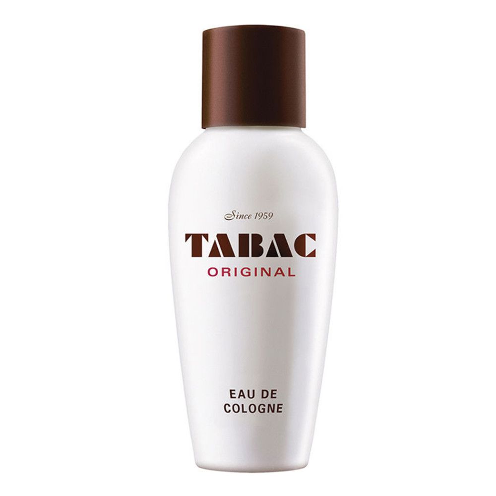 Flacon blanc avec bouchon marron. Tabac Original Eau de Cologne. Inscription Eau de Cologne.