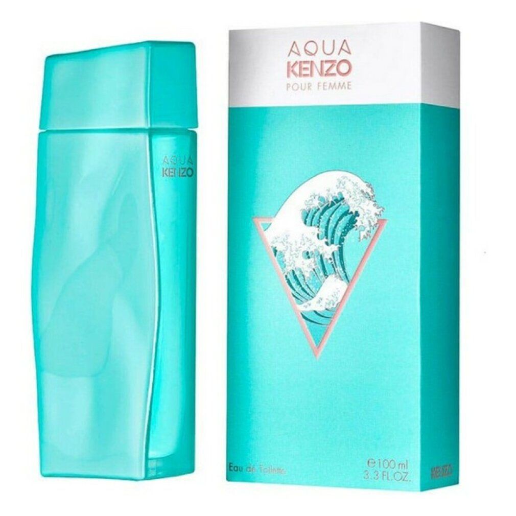Flacon et boîte turquoise. Boîte avec motif de vagues et logo AQUA KENZO.